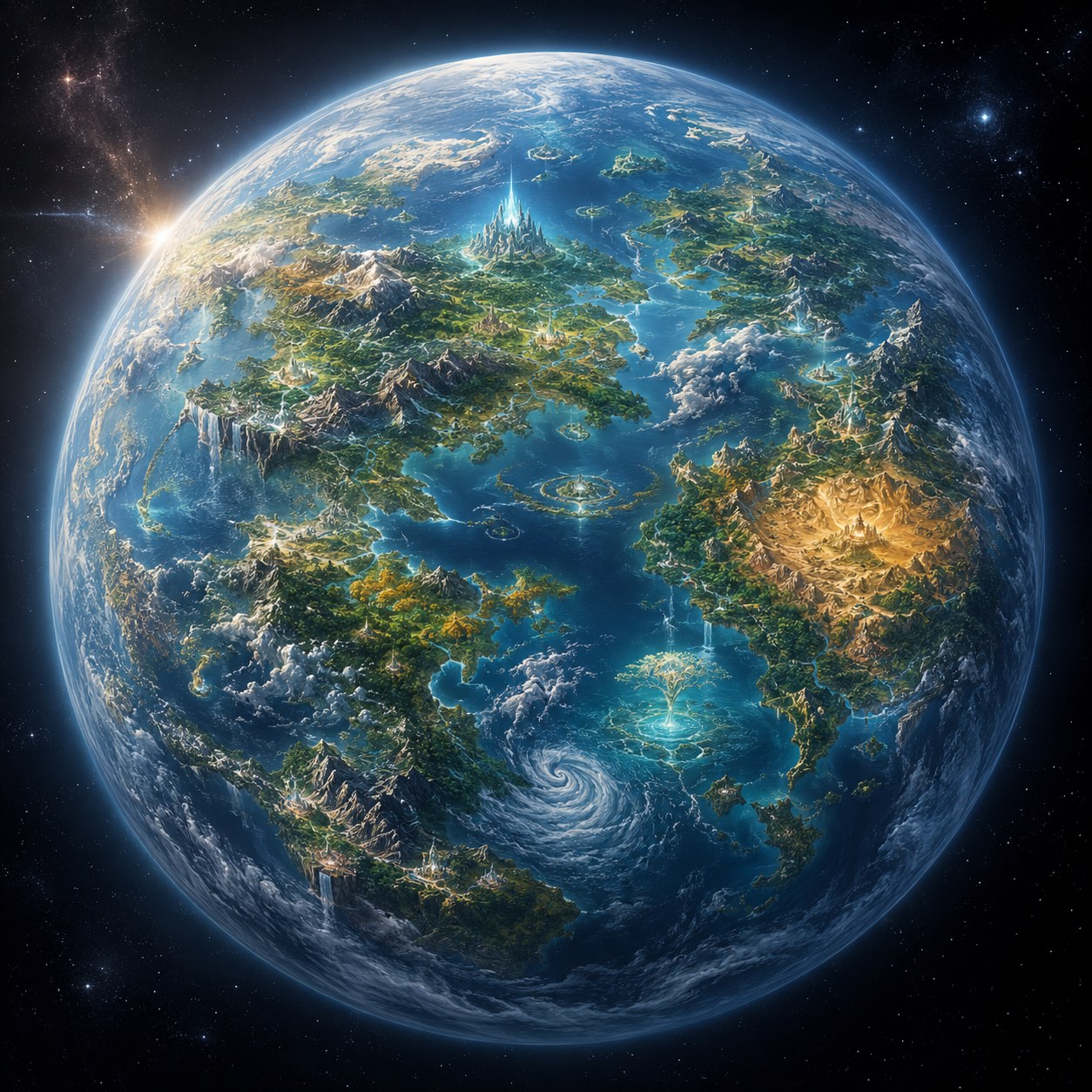 Planet SAGE seen from space, a vibrant fantasy world with oceans, continents, mountains, storms, and glowing landmarks.