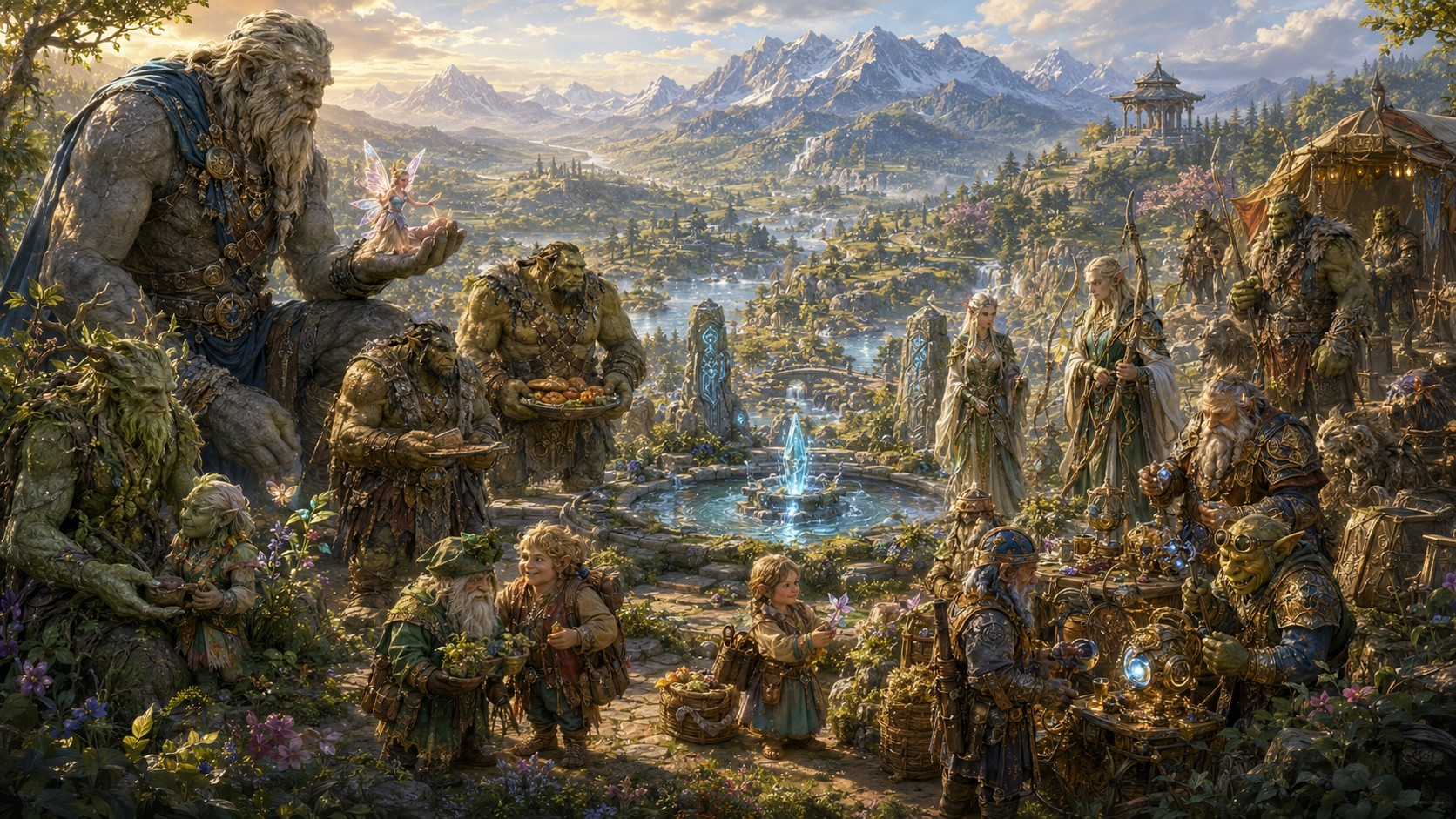 The peoples of SAGE gathered together at the sacred spring: giants, trolls, ogres, a fairy, gnomes, munchkins, elves, dwarves, goblins, and orcs, in a wide valley of mountains and rivers.